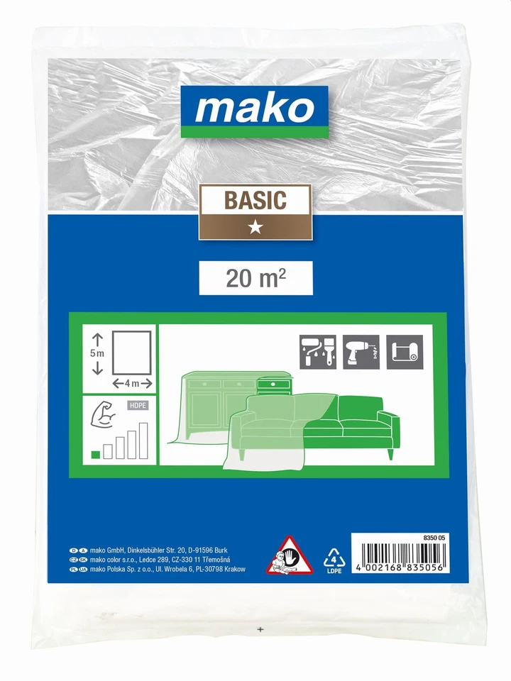MAKO GMBH Malerabdeckplane BASIC 7my Malerfolie Abdeckfolie Baufolie Schutzfolie 4 x 5m