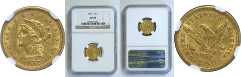 1853 $2.50 Gold Coin NGC AU-58 Cover
