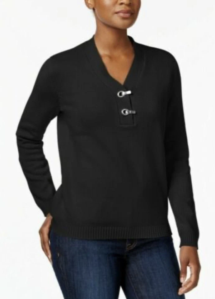 Suéter Henley Feminino Karen Scott XSmall Preto Detalhe de Ferragem Manga Longa #38 - Imagem 1 de 1