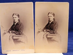 RARE PAIR Hardy Cabinet Photo Boston MA ID’d Woman Bottle Curls Story Album - Picture 1 of 2