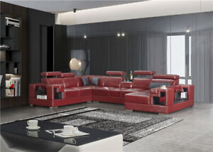 Living Area Corner Couch Set Sofa Upholstery Coffee Table U - Shape Red Couches
