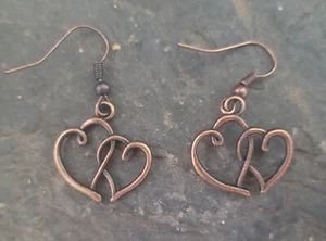 Kupfer Herz Ohrringe, hypoallergene Haken, Hippie Schmuck, Handarbeit! - Bild 1 von 2