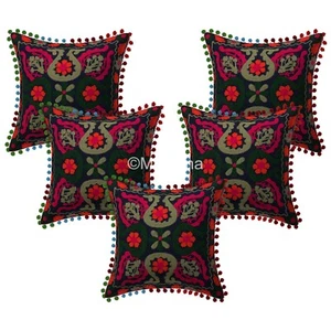 Indian Suzani Black Pillow Cover Embroidered Bed/Sofa Decor Set of 2 pc CUSHION - Picture 1 of 5