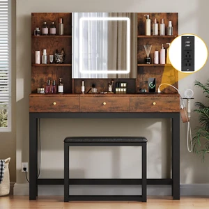 Vanity Desk with LED Lights Mirror & Power Outlet, Adjustable 3 Lights Modes, Dr - Picture 1 of 8