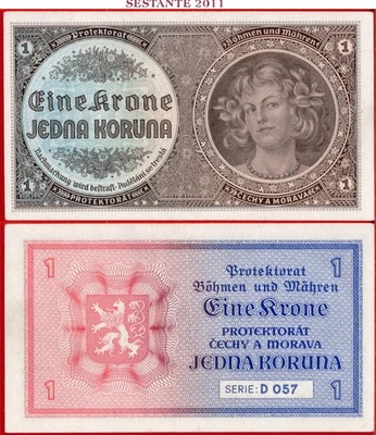 BOHEMIA & MORAVIA 1 KRONE nd 1940 P 3 XF++ (A)  free shipping from 100$ - Image 1 of 4