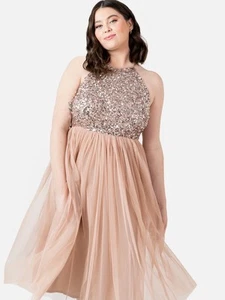 Maya Plus Halterneck Midi Dress UK 28 Tulle Sequin Muted Blush Pink Bridesmaid - Picture 1 of 9