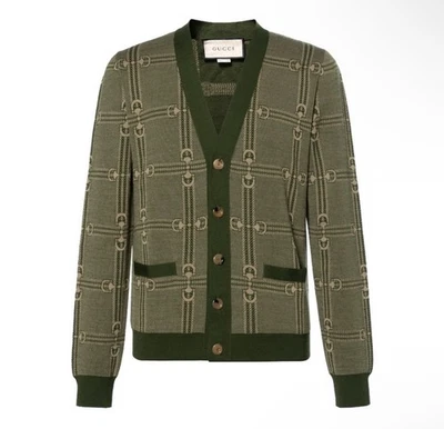 Gucci Horsebit Jacquard Knit 100% Wool Cardigan 'Green/Camel' size XL - Image 1 of 4