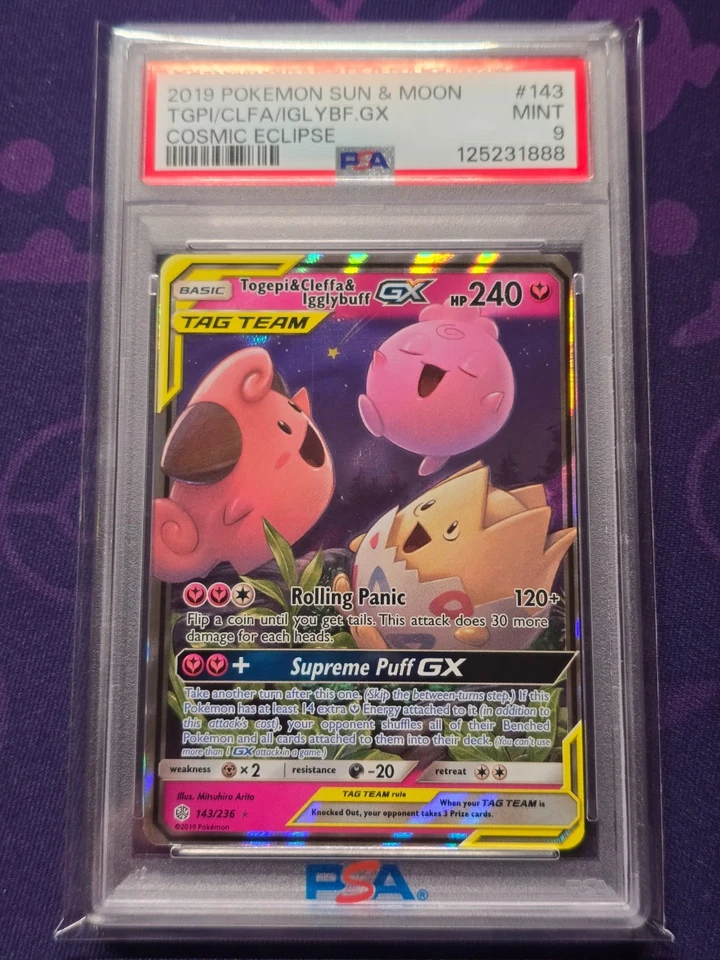 PSA 9 MINT - Togepi & Cleffa & Igglybuff GX 143/236 Sm-Cosmic Eclipse Holo - Image 1 of 1