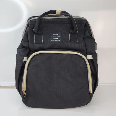 Land Traveling Share Baby Diaper Bag Back Pack Black Fold Out Changing Bed 15x14 - Image 1 of 4