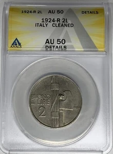 1924-R Italy 2 Lire Coin ANACS AU 50 Details Cleaned W7 - Picture 1 of 2