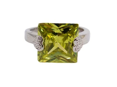 Желтый квадратный кубический цирконий кольцо с серебряный сердце зубцы по бокам размер 8 новый - Изображение 1 из 4