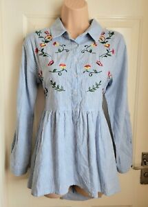 New Look Blue & White Stripe Embroidered Boho Country Western Shirt Size 8 10