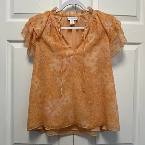House of Harlow 1960 Womens Fairy Ruffle Flutter Blouse Size M Orange Cream Tie - Picture 1 of 11