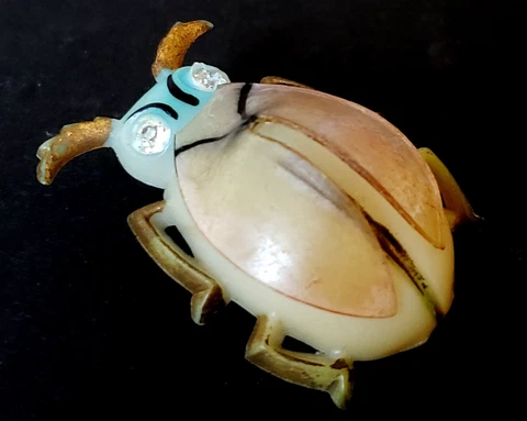 Large Celluloid Insect Beetle Bug w Rhinestone Eyes & Separate Wings Vtg Button Cover