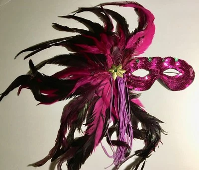 New Feather Mardi Gras Halloween Mask. Pinkish Purple & Black - Image 1 of 4