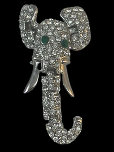 Vintage Articulated Elephant Head Pin Rhinestones Emerald Eyes Figural Brooch - Picture 1 of 2
