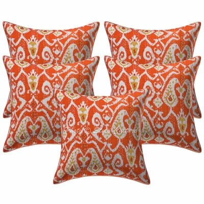 Indian Decorative Sofa Cushion Covers 40 x 40 cm Printed Kantha Cotton Set Of 5 - Image 1 of 3