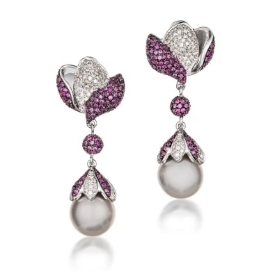 Fabulous Floral Motifs Pink Ruby, Lab-Created Diamonds & Pearls Drops Earrings - Image 1 of 4