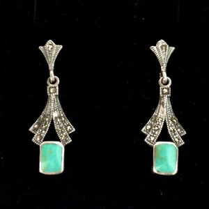 STERLING SILVER Turquoise Antique 1920s Art Deco style Dangle Drop Earrings - Picture 1 of 6
