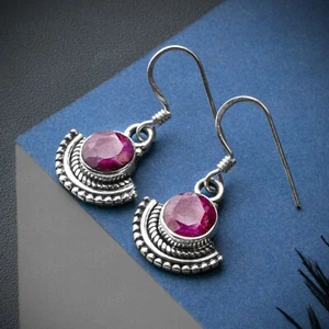 925 Sterling Silver Round Cut Red Ruby Gemstone Drop Dangle Ladies Fan Earrings - Picture 1 of 5