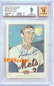 Topps Archives 2016 firma automática: Nolan Ryan #2/2 BGS 9 como nuevo autógrafo 10 Mets - Imagen 1 de 5