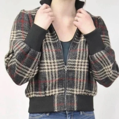 Jaqueta Bombardeiro Express x Negin Mirsalehi Feminina XS Xadrez Forrada de Mistura de Lã - Imagem 1 de 4