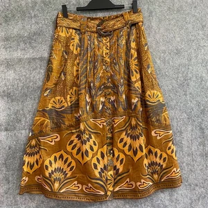 Farm Rio Midi Skirt A-Line Medium Gold Gray Belt Pocket Button Lined Cotton Poly - Picture 1 of 16