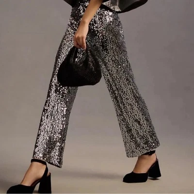 Pantalones recortados de lentejuelas de pierna ancha Maeve The Colette para mujer 29 plateados Año Nuevo NUEVO Foto 1 de 4