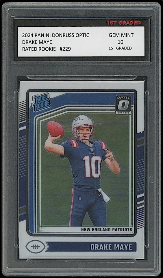 Оптическая карточка дебютанта Дрейка Мэй 2024 Panini Donruss рейтинг RC Patriots 1-я оценка 10 - Изображение 1 из 1