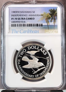 1983 BAHAMAS 2 DOLLARS INDEPENDENCE NGC PF 70 ULTRA CAMEO RARE TOP POP 1 - Picture 1 of 3