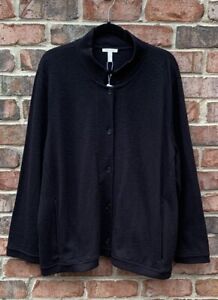 NWOT EILEEN FISHER Black Organic Cotton Slubby Rib Knit Stand Collar Jacket 2X