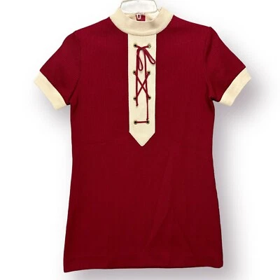 Vestido camisero vintage años 60 70 Sears para mujer 7 rojo top cuello falso acanalado con cordones Foto 1 de 4