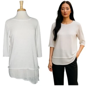 Purejill Linen Blend Knit Tunic Top White 3/4 Sleeves Size M Mesh Layered Look - Picture 1 of 8