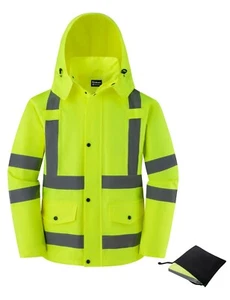 Men Waterproof Safety Rain Jacket Visibility Reflective Safety Raincoat Hooded - Picture 1 of 7