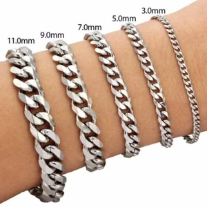 3/5/7/9/11mm Stainless Steel Silver Chain Curb Women Men Bangle Bracelet 18-25cm - Picture 1 of 4