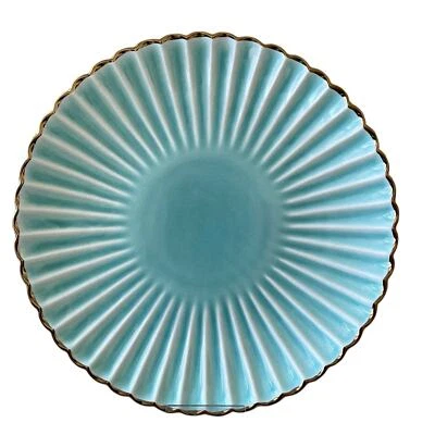 Aqua Ceramic Dinner Plates 11" Turquoise Scalloped Edge Gold Accent Set of 4 New - Image 1 of 4