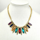 Bib Necklace Multicolor Gold Tone 17" Curb Chain Statement Jewelry Purple Green