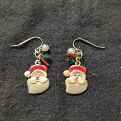 Vintage AJMC Pewter Grey Red Green White Santa Claus Statement Earrings - Image 1 of 2