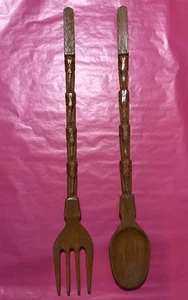 Vintage Wooden Fork & Spoon Set Wall Hanging Decor Elephants 39” Excellent Cond. - Picture 1 of 16