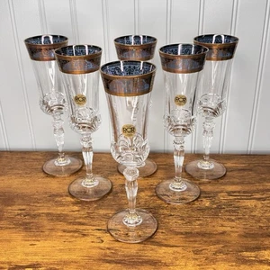 6 RCR Royal Crystal Berg Gold Blau Champagner Stiel Flöten Italien 8,5" Vintage Set - Bild 1 von 12