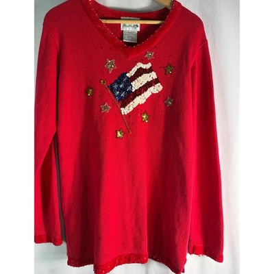 Quacker Factory Patriotic USA Flag Sequin Stars Red Knit Sweater Small - Image 1 of 4