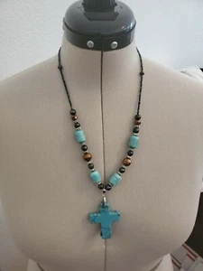 Faux Turquoise & Beaded Cross Pendant Necklace Single Strand Pre-owned - Picture 1 of 4
