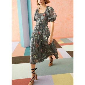 Ulla Johnson Midi Blue Puff-Sleeve Floral Indah Dress - Picture 1 of 7