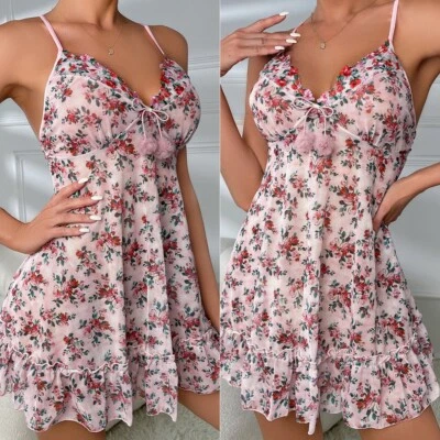 Lingerie feminina floral sexy camisola babydoll vestido slip roupa íntima vestido de dormir - Imagem 1 de 4