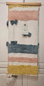 Artisan De Luxe Cotton Woven Throw 50x60 Blanket w Pompoms Pink Blue Yellow - Picture 1 of 6