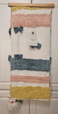 Artisan De Luxe Cotton Woven Throw 50x60 Blanket w Pompoms Pink Blue Yellow - Image 1 of 4