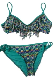 Tassel Fringe Swimsuit Junior XL or Women's XS Teal Multicolor Bikini Set Aztec - Picture 1 of 5