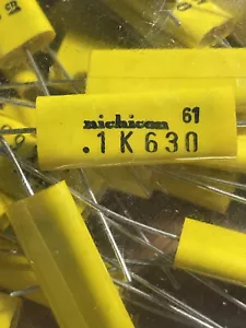 FIVE (5) Nichicon QAS2J104KTP 0.1 uf 630V, 7x28x15mm Axial Metallized Polyester - Picture 1 of 2