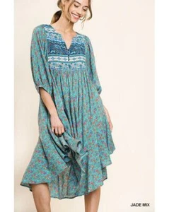 Delilah Peasant Dress with High Split Double Ruffle Side Hem in Jade - Picture 1 of 3