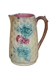 Antike Majolika Korbgeflecht Hartriegel Blume Milchkännchen Krug 7" - Bild 1 von 12